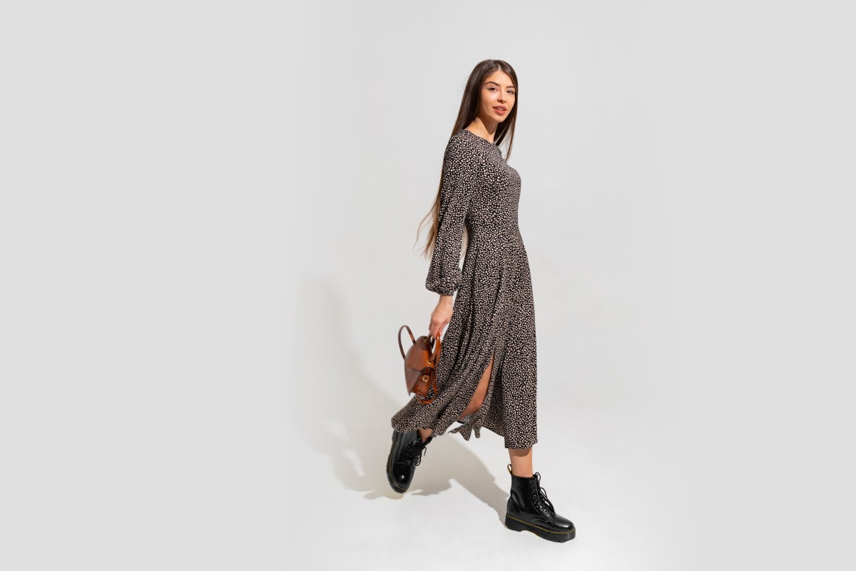 Fashion Model With Beautiful Face Perfect Body Wearing Trendy Dress Holding Brown Leather Hand Bag Full Length 1